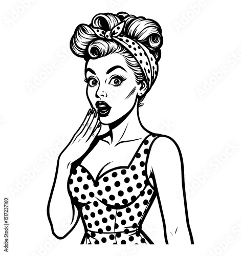 Surprised Pinup Girl with Polka Dot Dress and Headband in Black and White Line Art