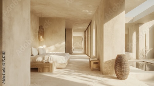 A sunlit, minimalist bedroom suite, showcasing neutral tones.