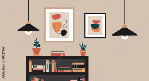 Modern living room interior with bookshelf and pendant lamps in beige tones 
