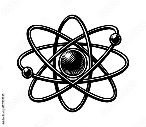 Illustration of an Atom Structure with Orbiting Electrons in Black and White Style
