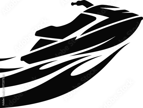 A graphic silhouette illustration of a jet ski with water trails in a black and white design scheme