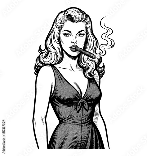 Attractive Woman with Cigar in Black and White Elegant Pinup Style Illustration