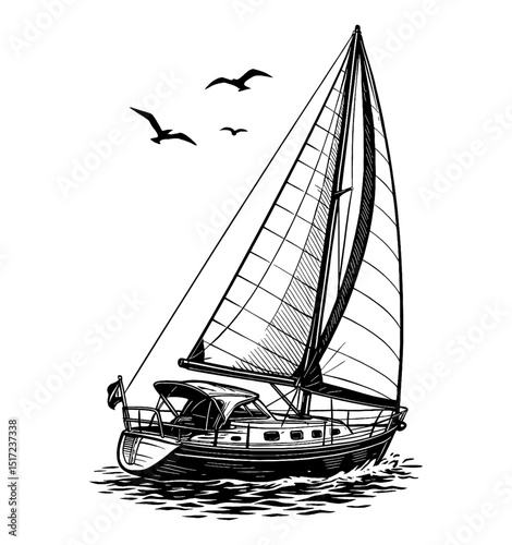 Illustration of Sailboat Sailing on the Water with Birds in Black and White Sketch