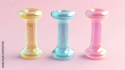 Three vibrant, translucent dumbbells against a pastel background.