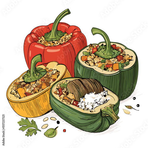 Create a bold vector illustration of stuffed peppers, emphasizing the 'Z' shape formed by their arrangement.  Include vibrant colors and clean lines.
