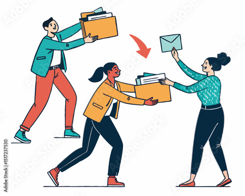 Create a bold vector illustration of a diverse team collaboratively handing over a project.  Focus on strong, clean lines and impactful visuals.
