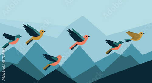 Flying birds over blue mountain landscape vector illustration with simple geometric shapes 