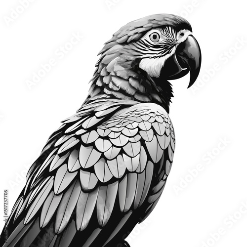Detailed illustration of a macaw showing its feathers and beak in a side profile view of the animal