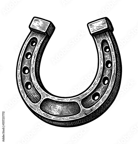 Detailed Engraving Illustration of a Horseshoe with Holes on a White Background