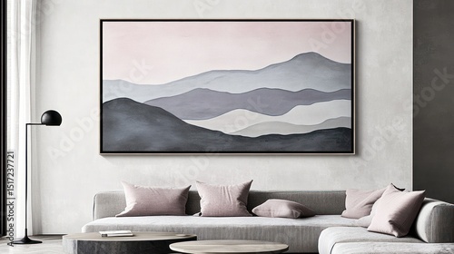 Abstract landscape painting of layered mountains in muted tones.