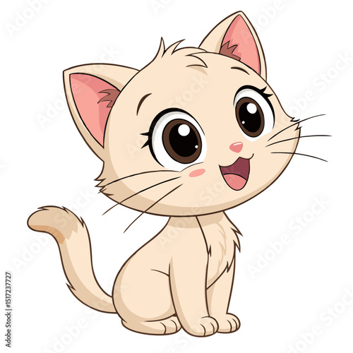 Cartoon illustration of a light colored kitten with big eyes and a happy expression sitting down nicely