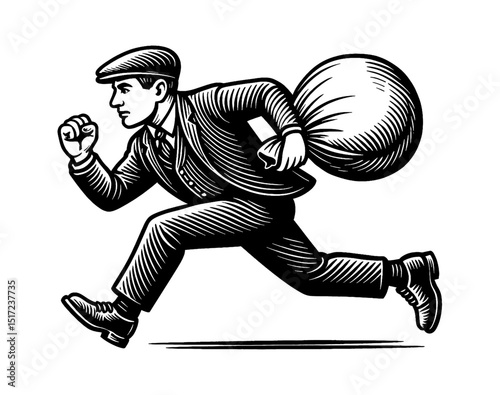 Man Running with Sack in Engraved Black and White Style, Thief escaping with money