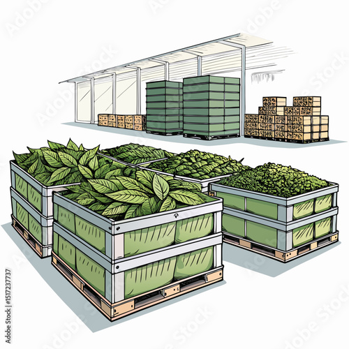 Create a bold vector illustration of tobacco leaves with thick, dark strokes, emphasizing texture and detail.  Style should be clean and modern.
