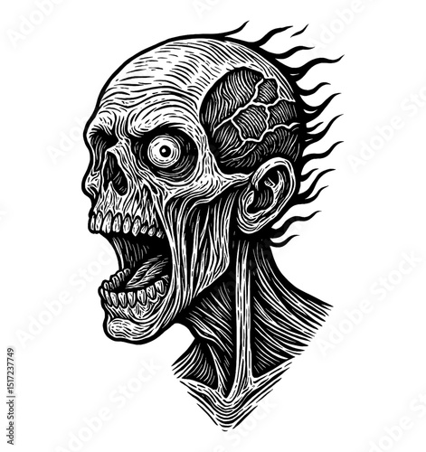 Screaming Zombie Head with Open Mouth Detailed Line Art in Black and White Engraving Style