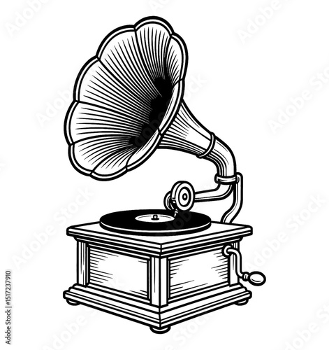 Vintage Phonograph with Vinyl Record Player in Black and White Detailed Engraving Style Isolated on White