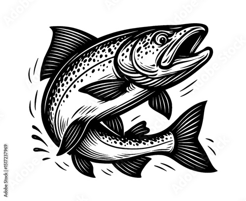 Two Fish Jumping Upward in Black and White Line Art Drawing with Detailed Engraved Illustration Style