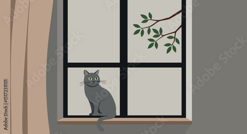 Gray Cat Sitting on Windowsill with Branch Outside Window Vector Illustration 