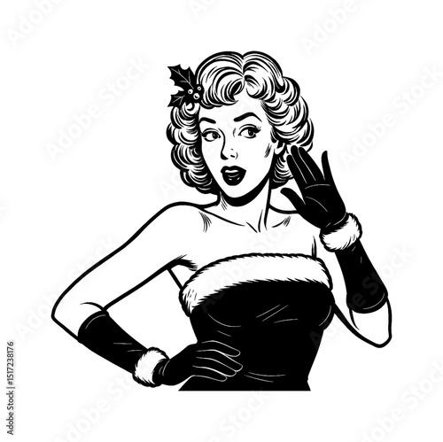 Retro Pinup Woman with Christmas Holly in Hair and Gloves in Black and White Vector