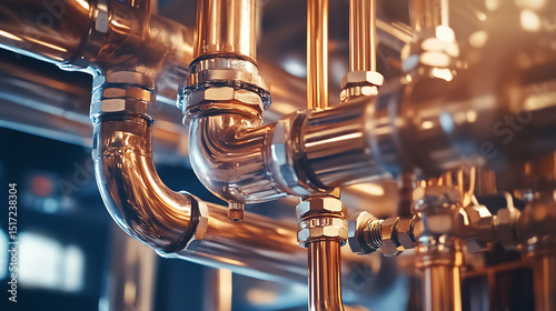 Industrial Copper Pipes with Elbows and Fittings in a Factory Setting