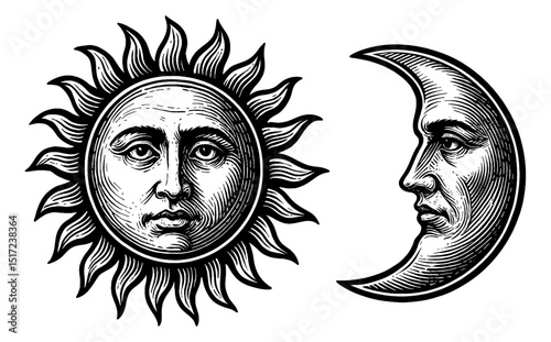 Engraved Sun and Moon Faces with Detailed Line Work in Black and White Style Illustration