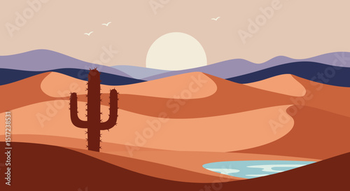 Desert landscape with cactus sunset and distant mountains vector illustration 