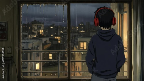 Anime boy in hoodie with red headphones watches rainy city from window