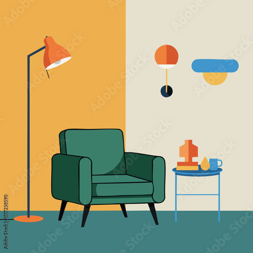 Modern green armchair with orange floor lamp and blue side table interior design vector illustration 
