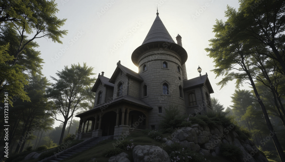 Fototapeta premium charming stone house with conical tower stands amidst lush greenery, exuding fairytale like ambiance. surrounding trees and soft lighting enhance its enchanting and serene atmosphere