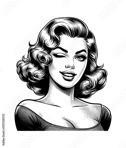 Portrait of a Winking Pinup Woman with Curly Hair in a Black and White Engraving Style