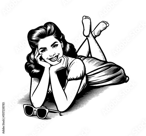 Smiling Pinup Woman Lying Down with Sunglasses, Happy Mood in Black and White Line Art
