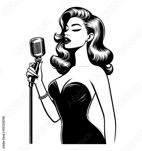 Elegant Woman Singing into Vintage Microphone with Closed Eyes in Black and White Illustration