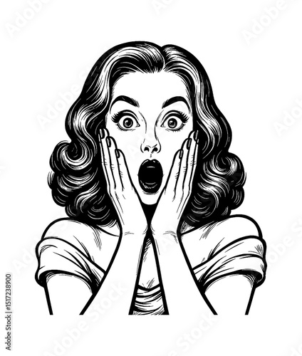 Shocked Woman with Hands on Face in Pop Art Style Black and White Illustration