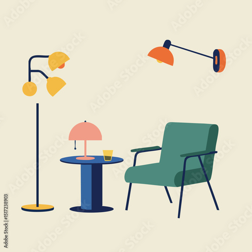 Modern green armchair with yellow lamps and blue table in cozy living room interior vector illustration 