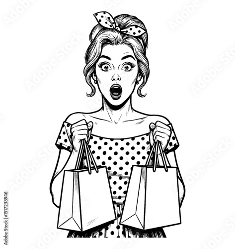 Surprised Pinup Woman Holding Shopping Bags in Black and White Detailed Illustration