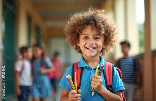 Joyful schoolboy with curly hair smiling broadly. He holds colorful pencils wearing backpack. Cheerful child, expresses excitement about learning. Back to school, childhood happiness education.