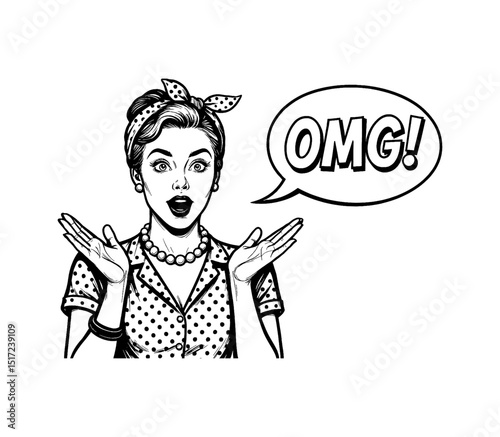 Surprised Pinup Woman with OMG Speech Bubble in Retro Black and White Line Art