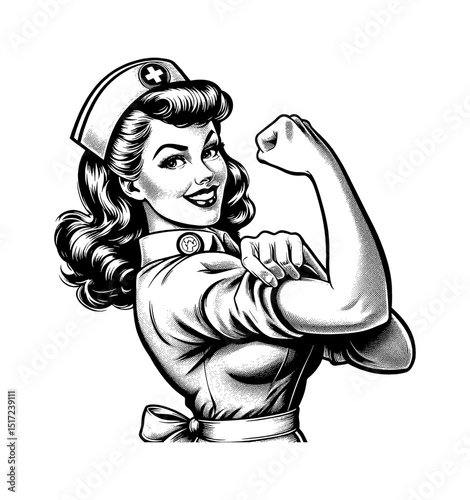 Pinup Caucasian Woman Nurse Flexing Bicep Muscle with Smiling Expression in Black and White Drawing