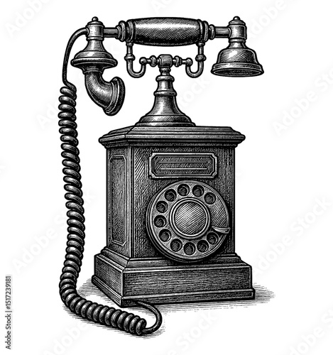 Engraved Illustration of an Old-fashioned Rotary Telephone on a White Background