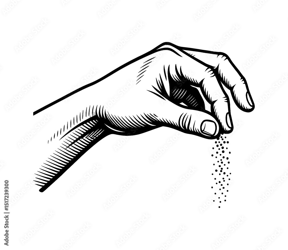 Hand sprinkling seasoning or salt vector engraving illustration in black and white