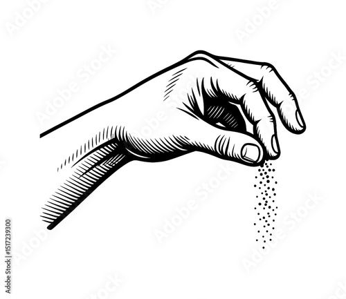 Hand sprinkling seasoning or salt vector engraving illustration in black and white