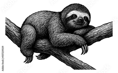 Illustration of a Sloth Resting on a Tree Branch with Detailed Engraved Black and White Shading