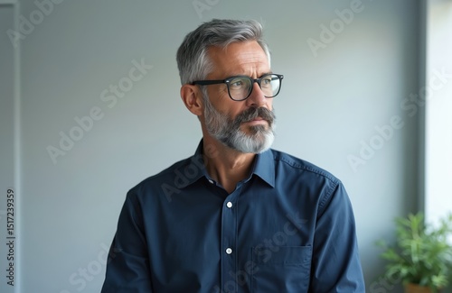 Handsome middle-aged man with grey beard and glasses looks away. Thoughtful man with serious face, pondering, contemplating, in shirt. Business, office, work concept.