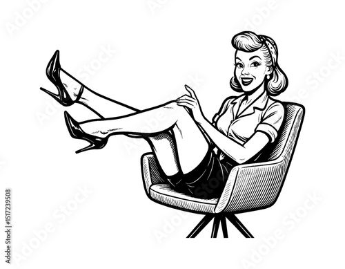 Smiling Caucasian Woman in Pinup Style Sitting in Chair with Legs Up, Black and White Illustration