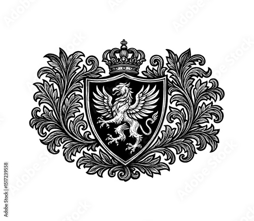 Heraldic Griffin Shield with Crown and Foliage in Black and White Engraving