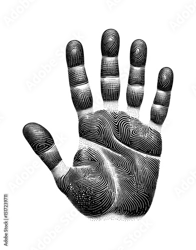 Detailed Engraving Style Illustration of Human Hand with Fingerprint Pattern