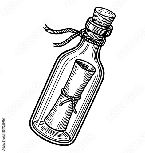 Message in a Bottle Vector Illustration, Vintage Engraved Style Black and White Drawing