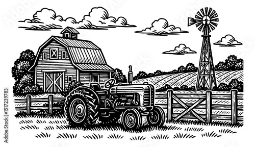 Engraved Style Illustration of a Farm Scene with Tractor Barn and Windmill