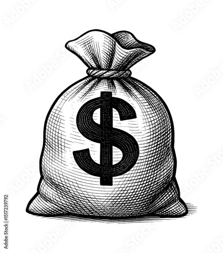 Money Bag Engraving Style Illustration with Dollar Sign in Black and White Detailed Sketch
