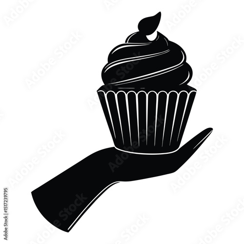 Silhouette of a female hand gracefully holding cupcakes, capturing elegance and sweetness in a minimal, black-and-white design—perfect for bakery or dessert themes.
