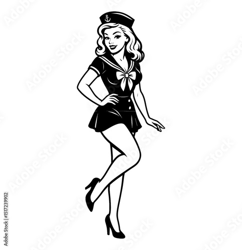 Blonde Pinup Girl in Sailor Costume Posing with Confident Smile in Black and White Elegant Drawing